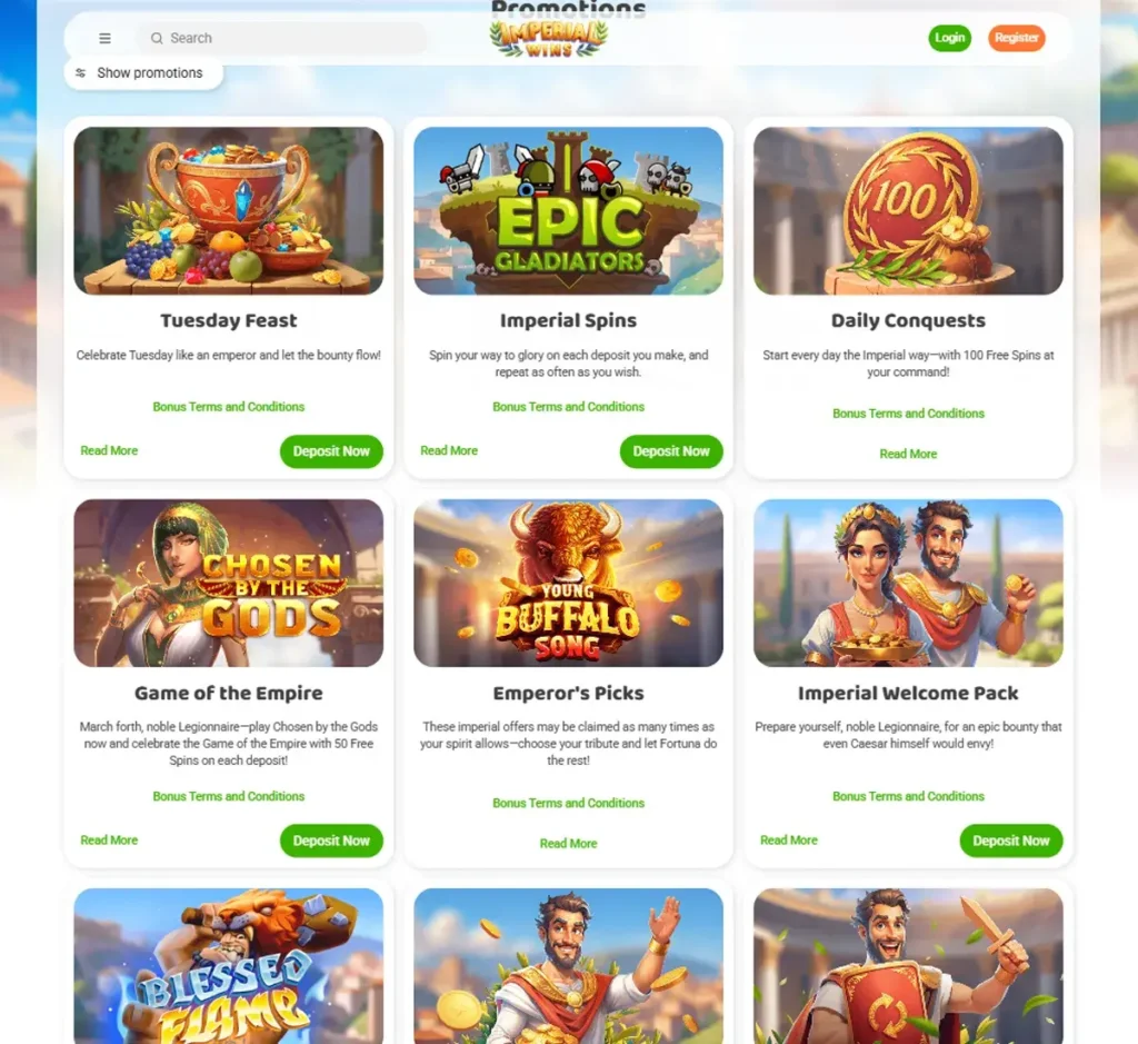 Imperial Wins Casino desktop promotions page screenshot displaying welcome bonuses, cashback offers and special rewards - tested