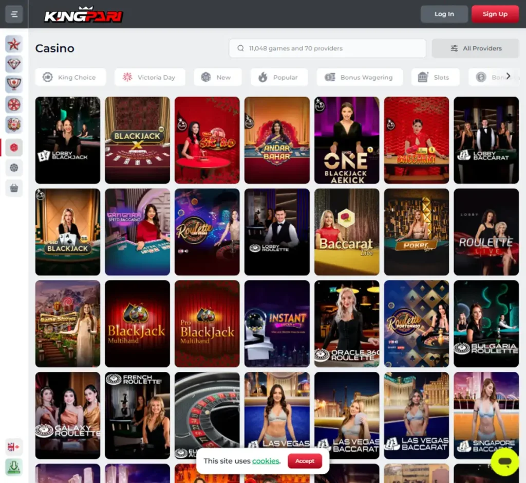 KingPari Casino desktop live casino lobby screenshot featuring live dealer games and real-time streaming interface - review testing