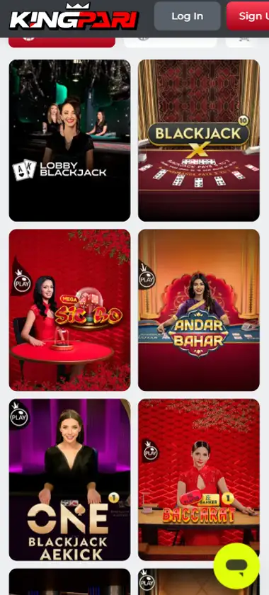 KingPari Casino mobile live casino interface screenshot showing live dealer tables including blackjack and roulette - tested