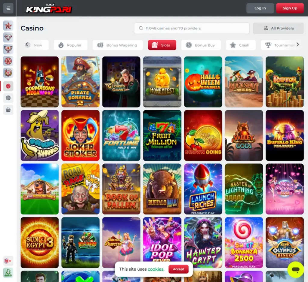 KingPari Casino desktop slots lobby screenshot presenting variety of slot games with categories and providers - verified
