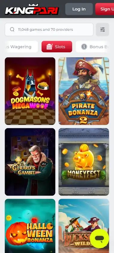 KingPari Casino mobile slots interface screenshot showing slot game selection with popular titles and filtering options - captured during platform testing