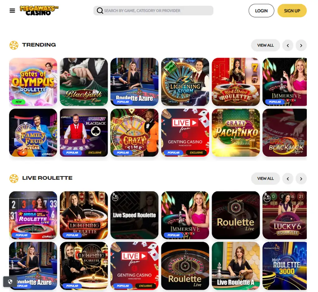 Megaways Casino desktop live casino lobby screenshot featuring live dealer games and real-time streaming interface - review testing
