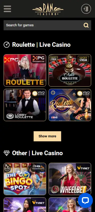 Pan Casino mobile live casino interface screenshot showing live dealer tables including blackjack and roulette - tested