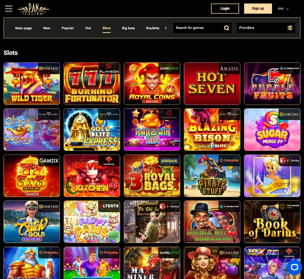 Pan Casino desktop slots lobby screenshot presenting variety of slot games with categories and providers - verified