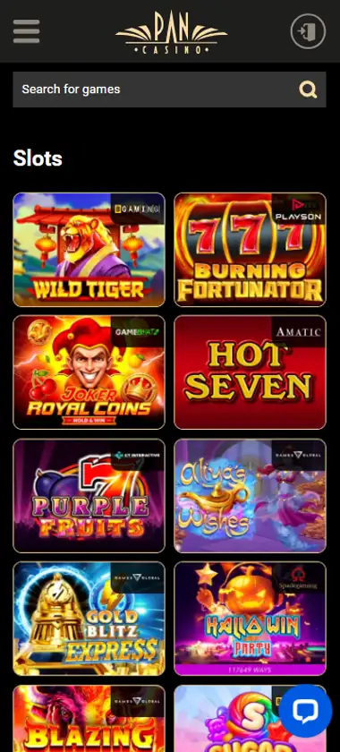 Pan Casino mobile slots interface screenshot showing slot game selection with popular titles and filtering options - captured during platform testing