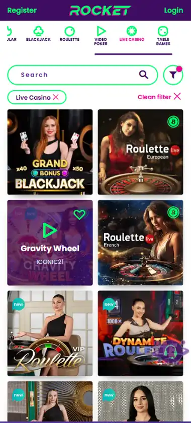 Rocket Casino mobile live casino interface screenshot showing live dealer tables including blackjack and roulette - Tested