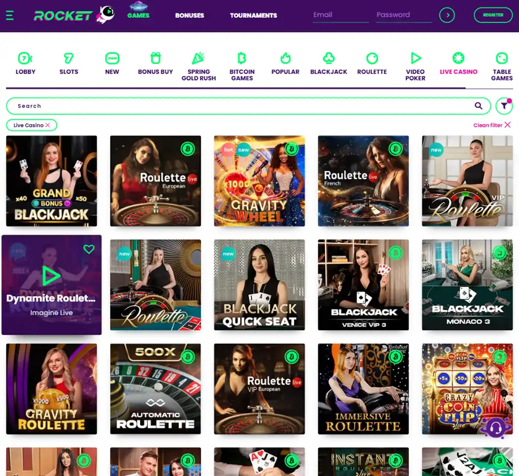 Rocket Casino desktop live casino lobby screenshot featuring live dealer games and real-time streaming interface - Tested