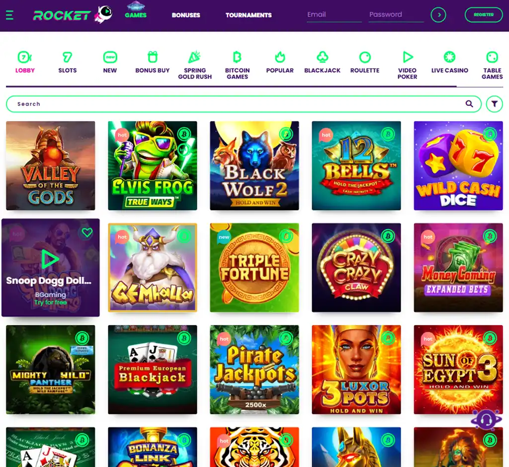 Rocket Casino desktop homepage screenshot displaying main lobby with featured games, promotions and navigation menu - Tested