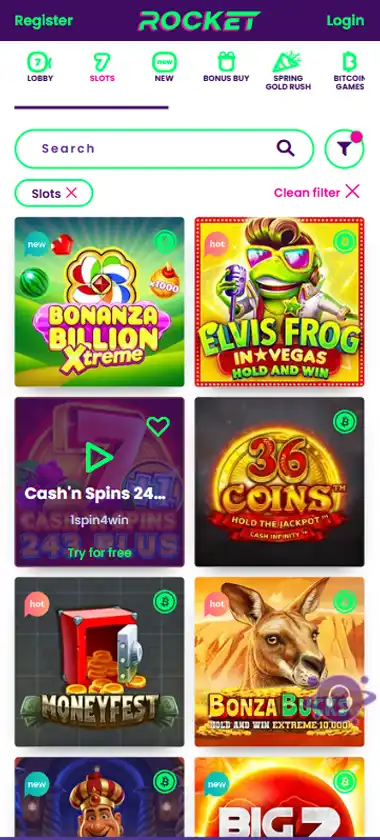 Rocket Casino mobile slots interface screenshot showing slot game selection with popular titles and filtering options - Tested