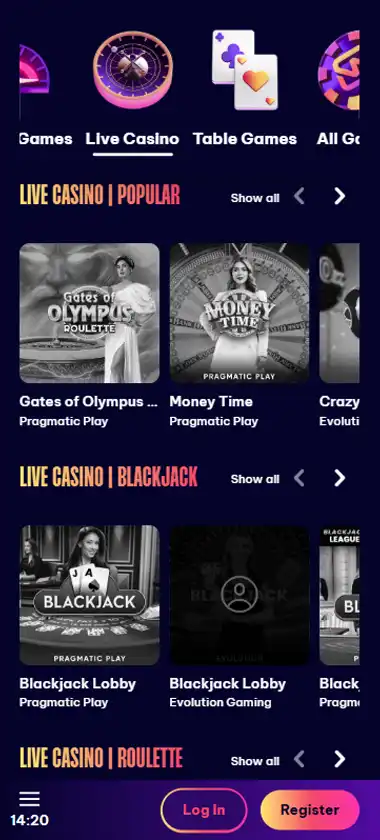 Speedz Casino mobile live casino interface screenshot showing live dealer tables including blackjack and roulette - Tested