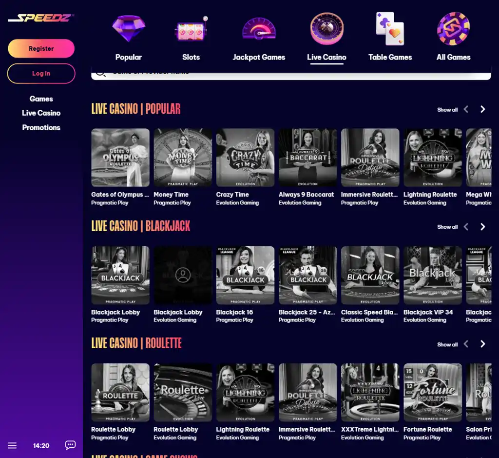 Speedz Casino desktop live casino lobby screenshot featuring live dealer games and real-time streaming interface - Tested