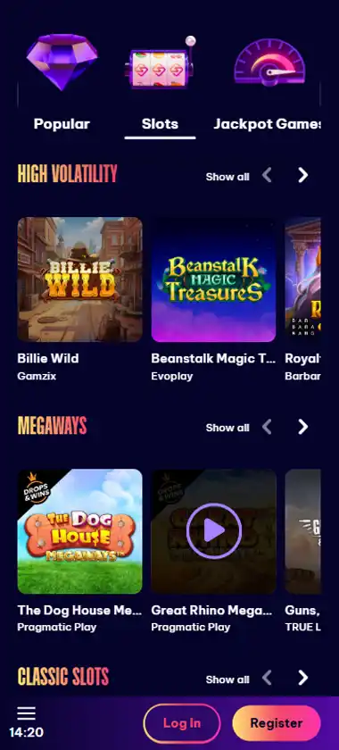 Speedz Casino mobile slots interface screenshot showing slot game selection with popular titles and filtering options - Tested