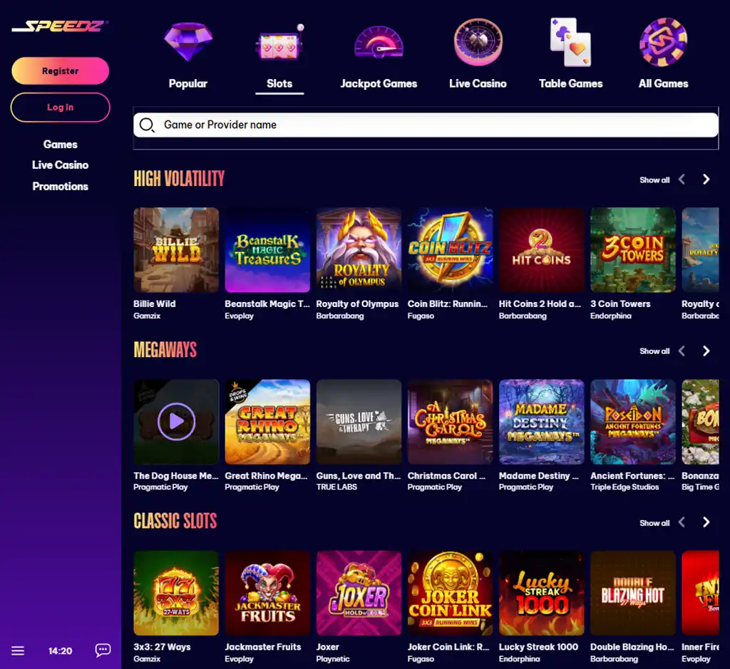 Speedz Casino desktop slots lobby screenshot presenting variety of slot games with categories and providers - Tested