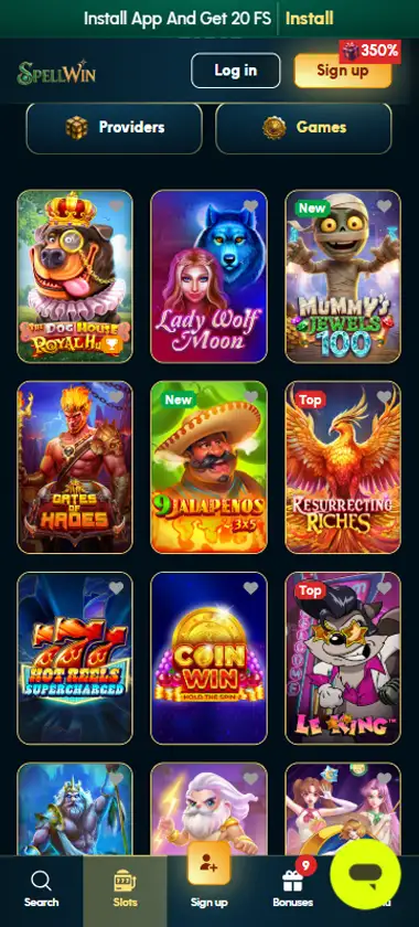 Spellwin Casino mobile slots interface screenshot showing slot game selection with popular titles and filtering options - captured during platform testing