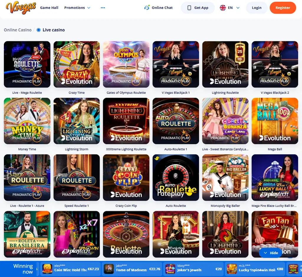 V Vegas Casino desktop live casino lobby screenshot featuring live dealer games and real time streaming interface   review testing