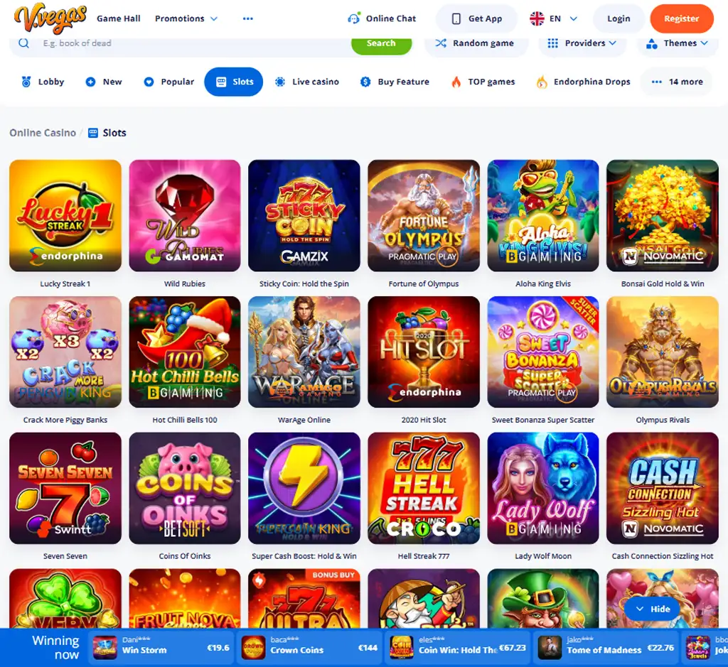 V Vegas Casino desktop slots lobby screenshot presenting variety of slot games with categories and providers   verified
