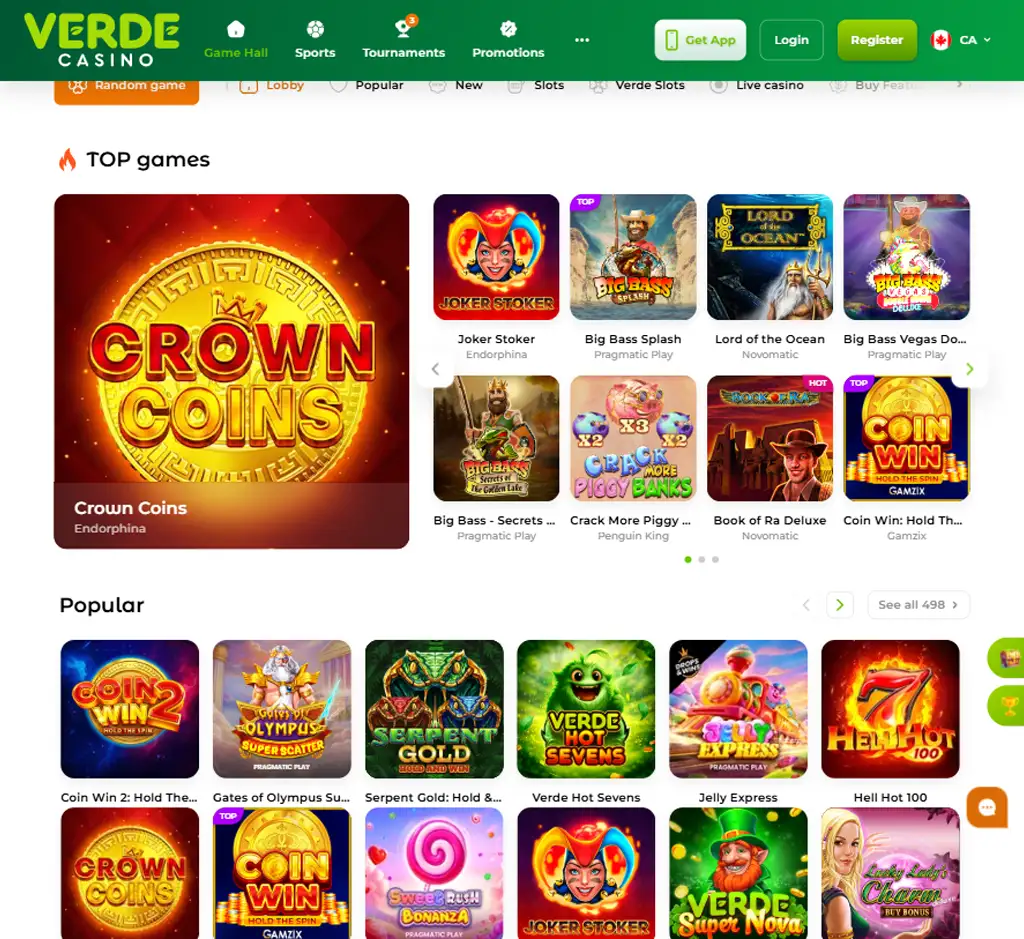 Verde Casino desktop homepage screenshot displaying main lobby with featured games, promotions and navigation menu - tested