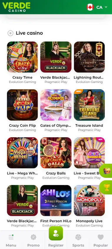 Verde Casino mobile live casino interface screenshot showing live dealer tables including blackjack and roulette - tested