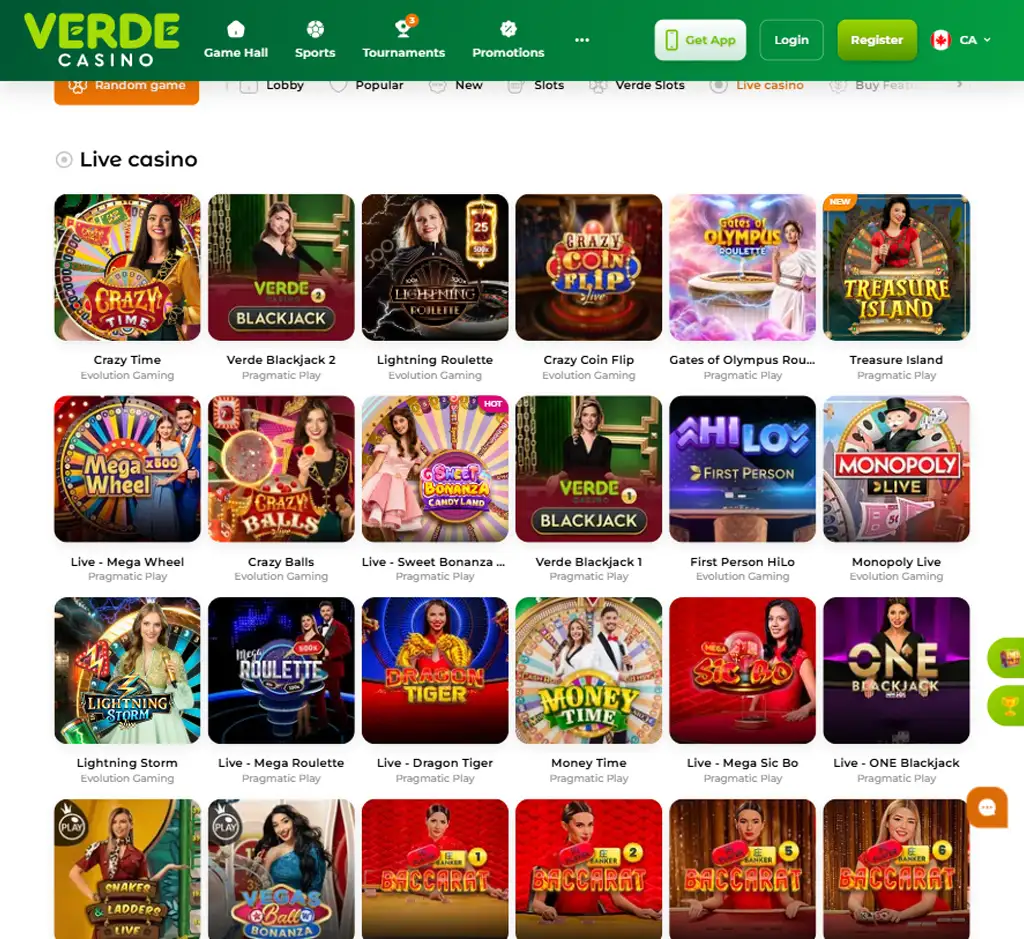 Verde Casino desktop live casino lobby screenshot featuring live dealer games and real-time streaming interface - review testing