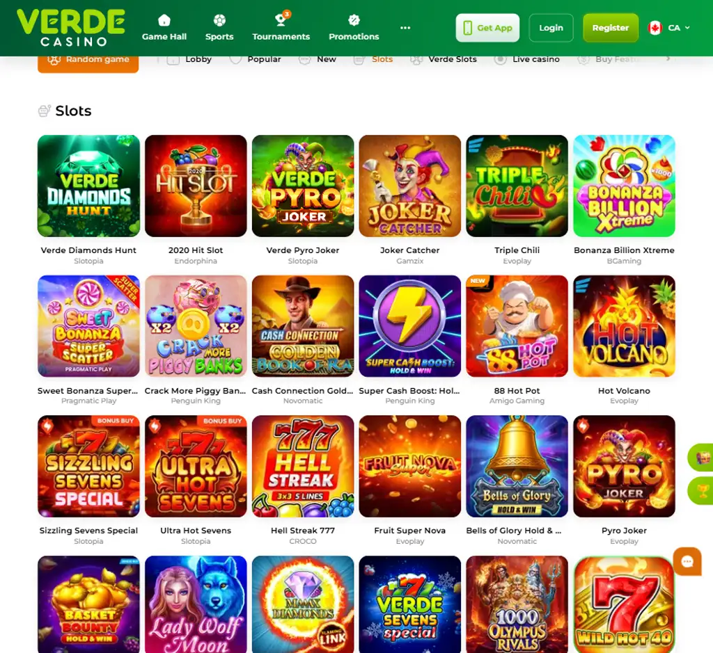 Verde Casino desktop slots lobby screenshot presenting variety of slot games with categories and providers - verified