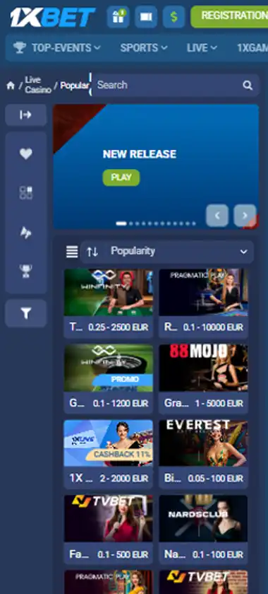 1xBet Casino mobile live casino interface screenshot showing live dealer tables including blackjack and roulette - tested