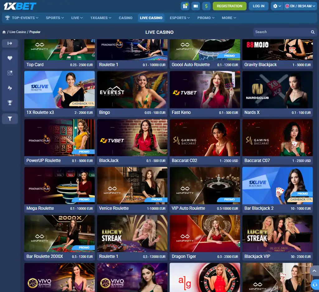1xBet Casino desktop live casino lobby screenshot featuring live dealer games and real-time streaming tables - review testing