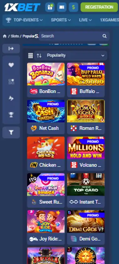 1xBet Casino mobile slots interface screenshot showing slot game selection with popular titles and filtering options - captured during platform testing