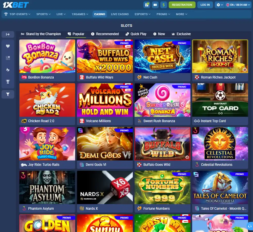 1xBet Casino desktop slots lobby screenshot presenting variety of slot games with categories and providers - verified