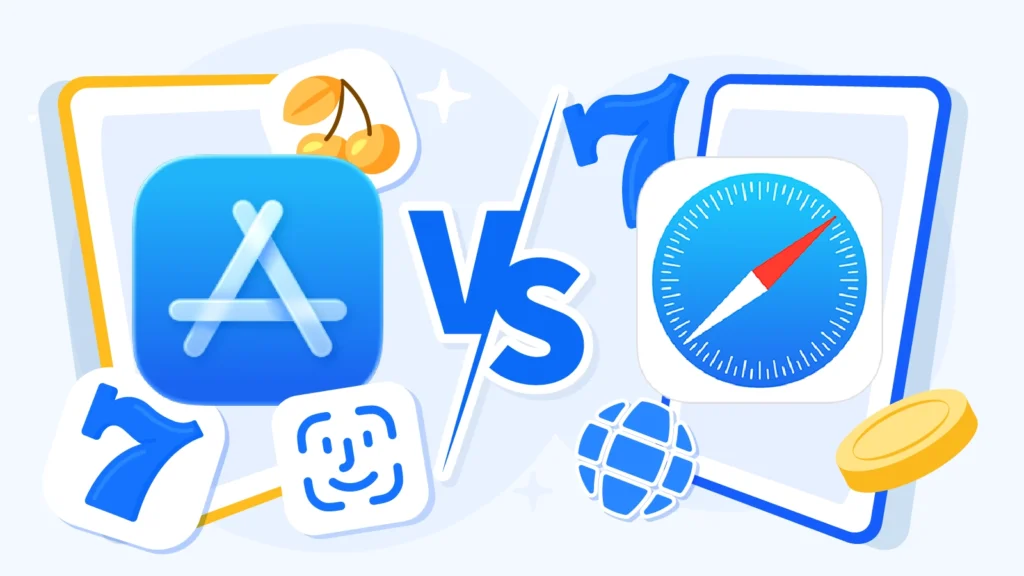 Split-screen comparison showing App Store casino installation with Apple verification versus direct download casino installation from Safari browser, highlighting security levels and available casino options for Canadian iPhone players