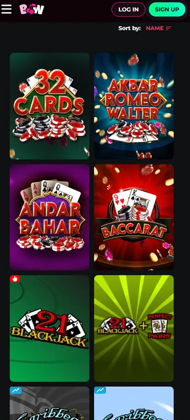Betty Wins Casino mobile table games interface screenshot showing selection of blackjack, roulette and baccarat games - captured during platform testing