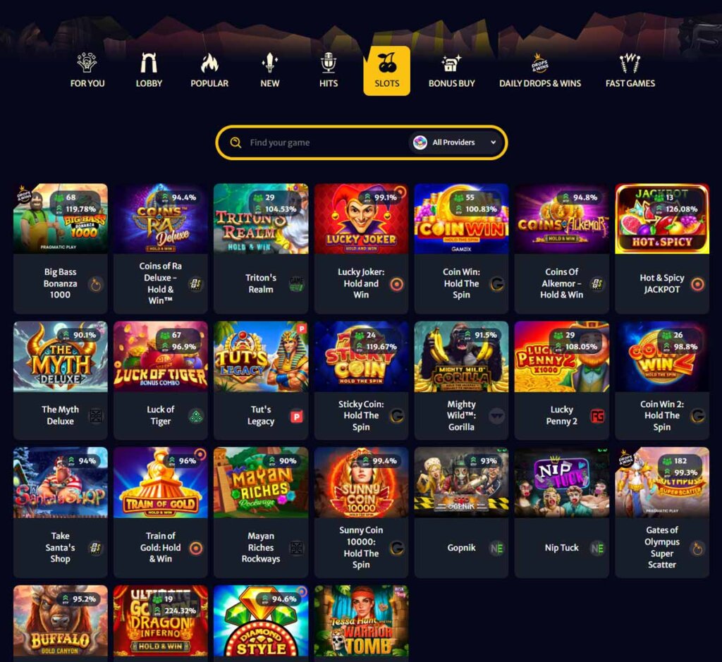 Hellspin Casino desktop slots lobby screenshot presenting variety of slot games with categories and providers - verified