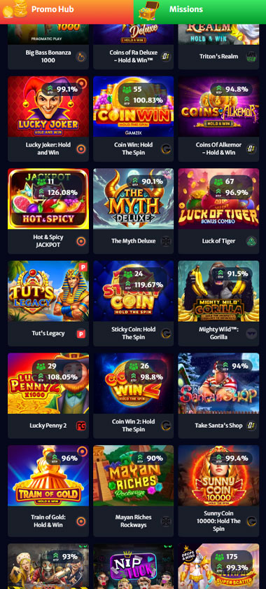 Hellspin Casino mobile slots interface screenshot showing slot game selection with popular titles and filtering options - captured during platform testing