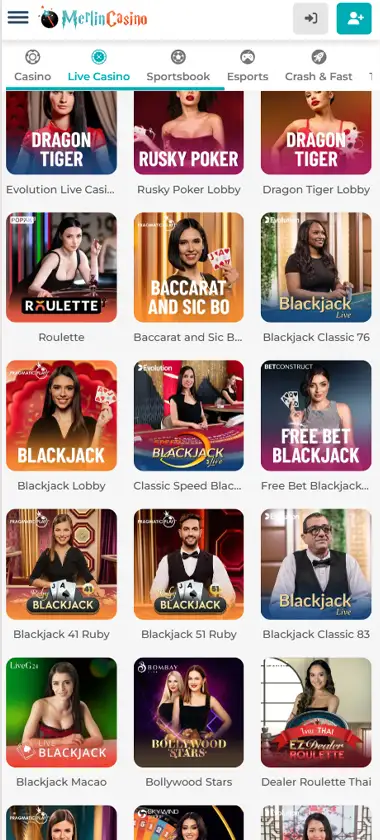Merlin Casino mobile live casino interface screenshot showing live dealer tables including blackjack and roulette - tested