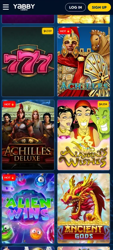 Yabby Casino mobile slots interface screenshot showing slot game selection with popular titles and filtering options - captured during platform testing