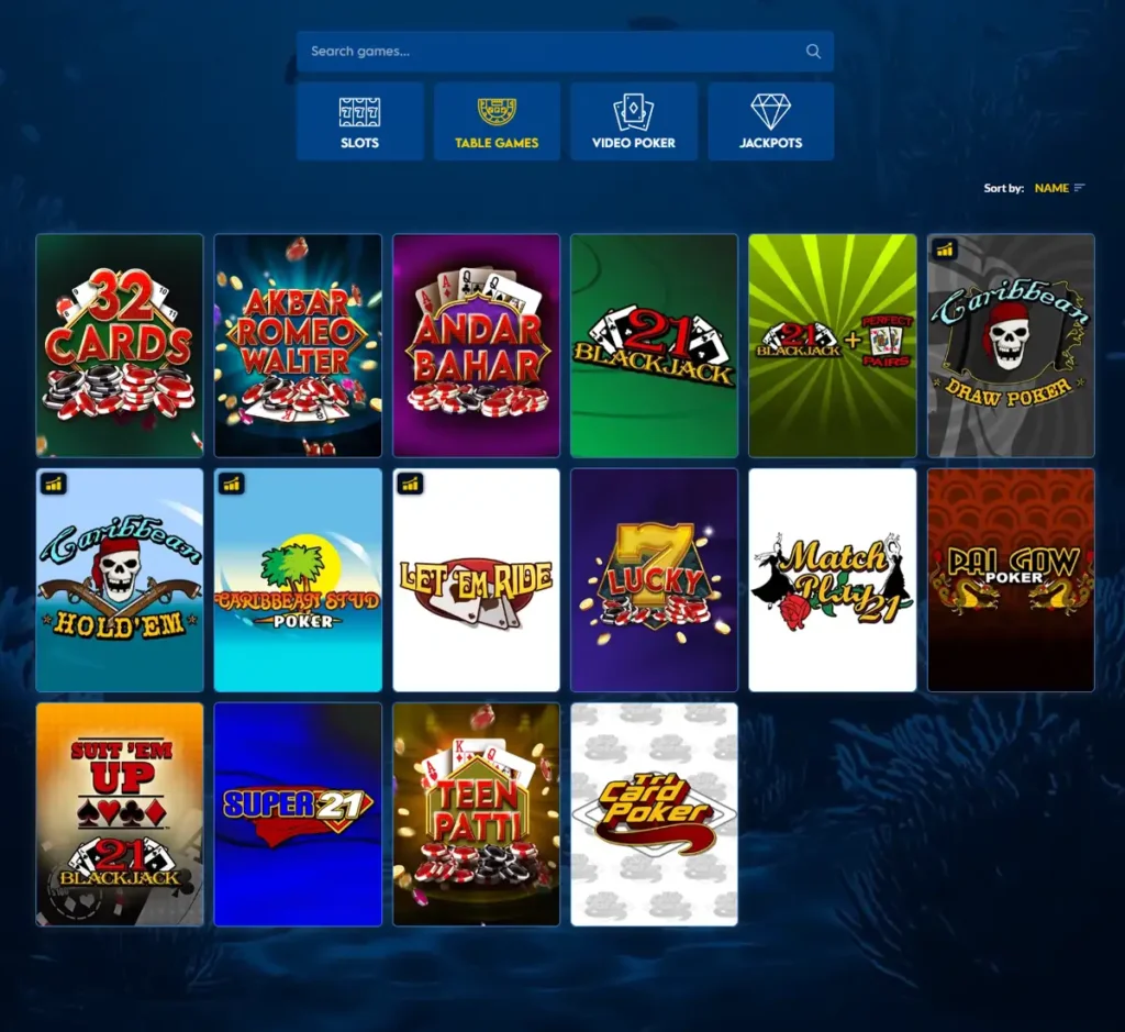 Yabby Casino desktop table games lobby screenshot displaying classic casino games such as blackjack, roulette and baccarat - tested