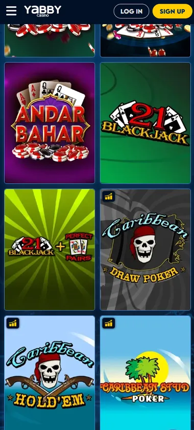 Yabby Casino mobile table games interface screenshot showing selection of blackjack, roulette and baccarat games - captured during platform testing