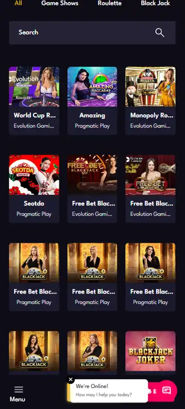 All Starz Casino mobile live casino interface screenshot showing live dealer tables including blackjack and roulette - tested