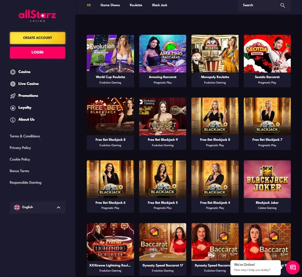 All Starz Casino desktop live casino lobby screenshot featuring live dealer games and real-time streaming interface - review testing