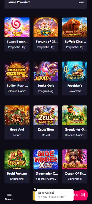 All Starz Casino mobile slots interface screenshot showing slot game selection with popular titles and filtering options - captured during platform testing