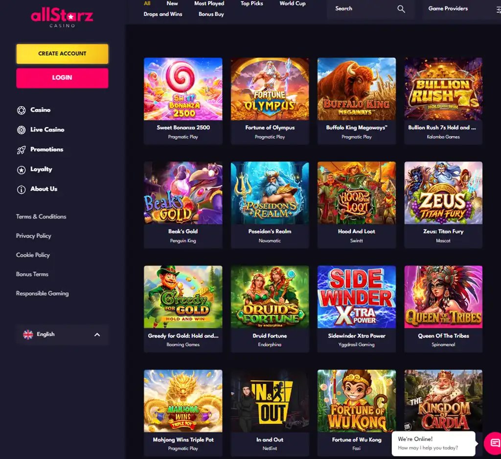 All Starz Casino desktop slots lobby screenshot presenting variety of slot games with categories and providers - verified