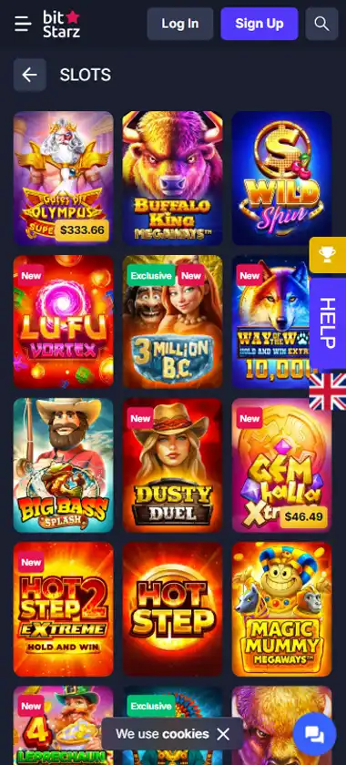 BitStarz Casino mobile slots interface screenshot showing slot game selection with popular titles and filtering options   captured during platform testing