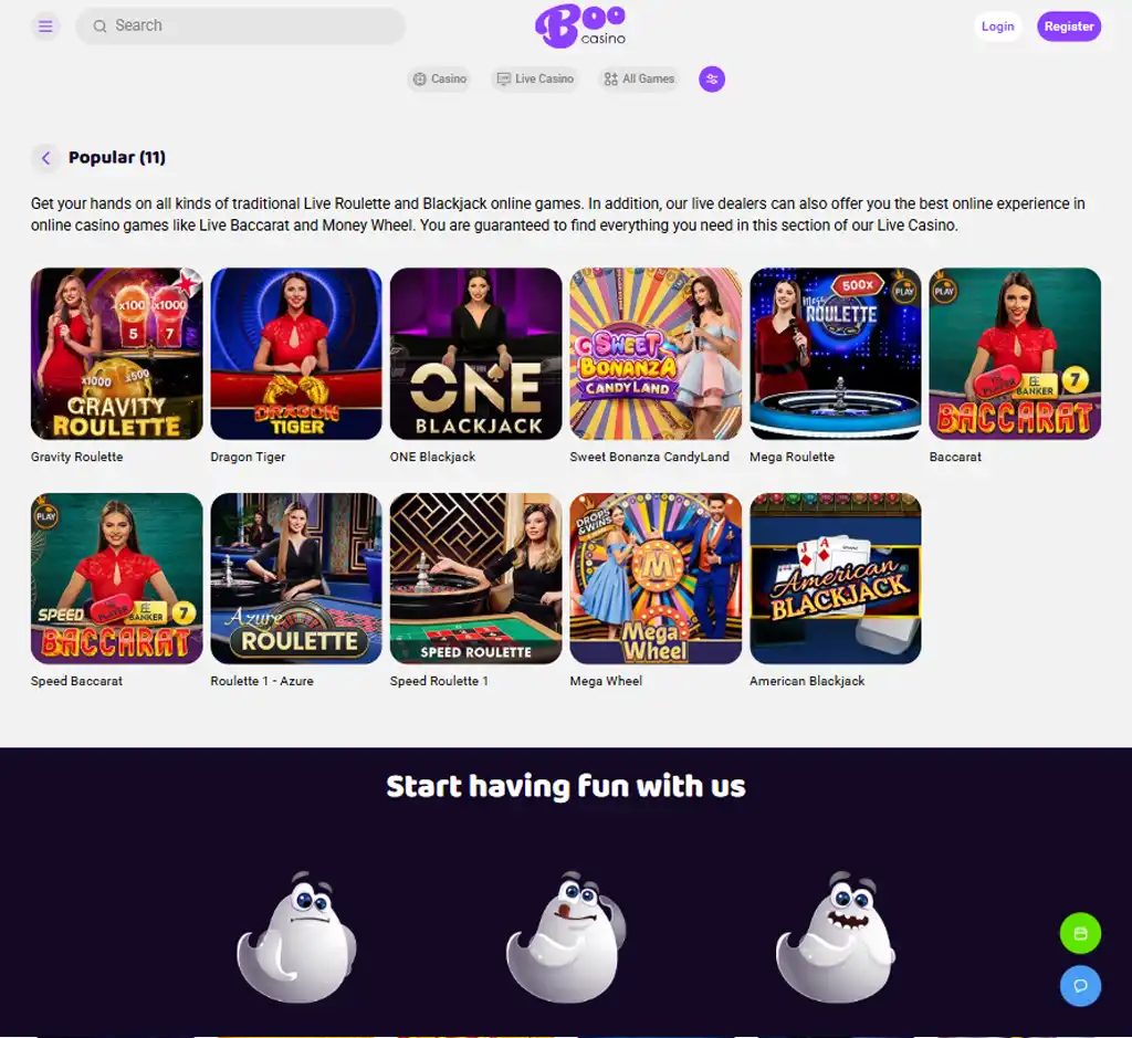 Boo Casino desktop live casino lobby screenshot featuring live dealer games and real-time streaming interface - review testing