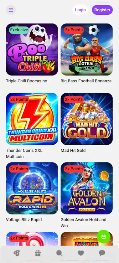Boo Casino mobile slots interface screenshot showing slot game selection with popular titles and filtering options - captured during platform testing