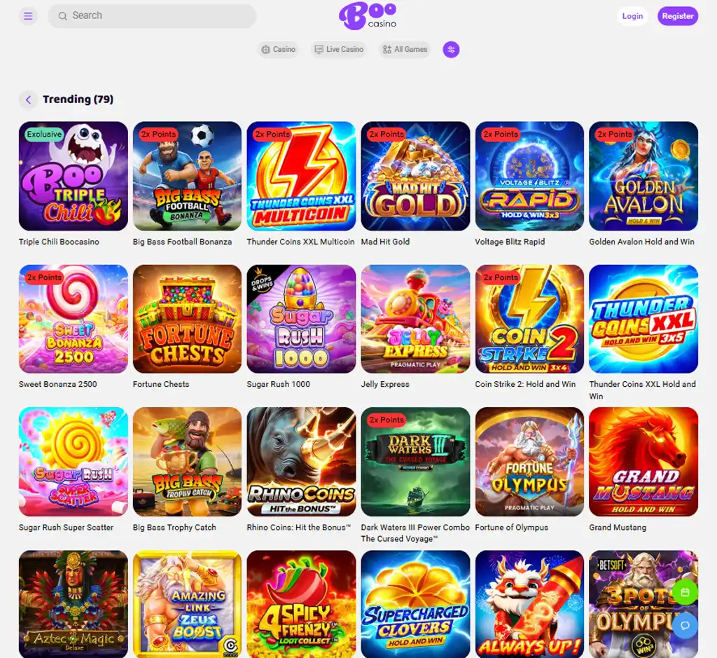Boo Casino desktop slots lobby screenshot presenting variety of slot games with categories and providers - verified