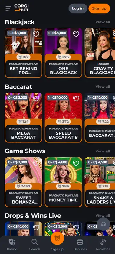 Corgi Bet Casino mobile live casino interface screenshot showing live dealer tables including blackjack and roulette - tested