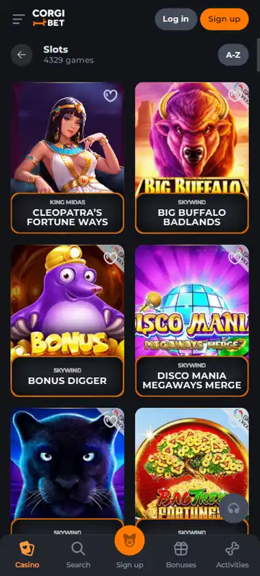 Corgi Bet Casino mobile slots interface screenshot showing slot game selection with popular titles and filtering options - captured during platform testing
