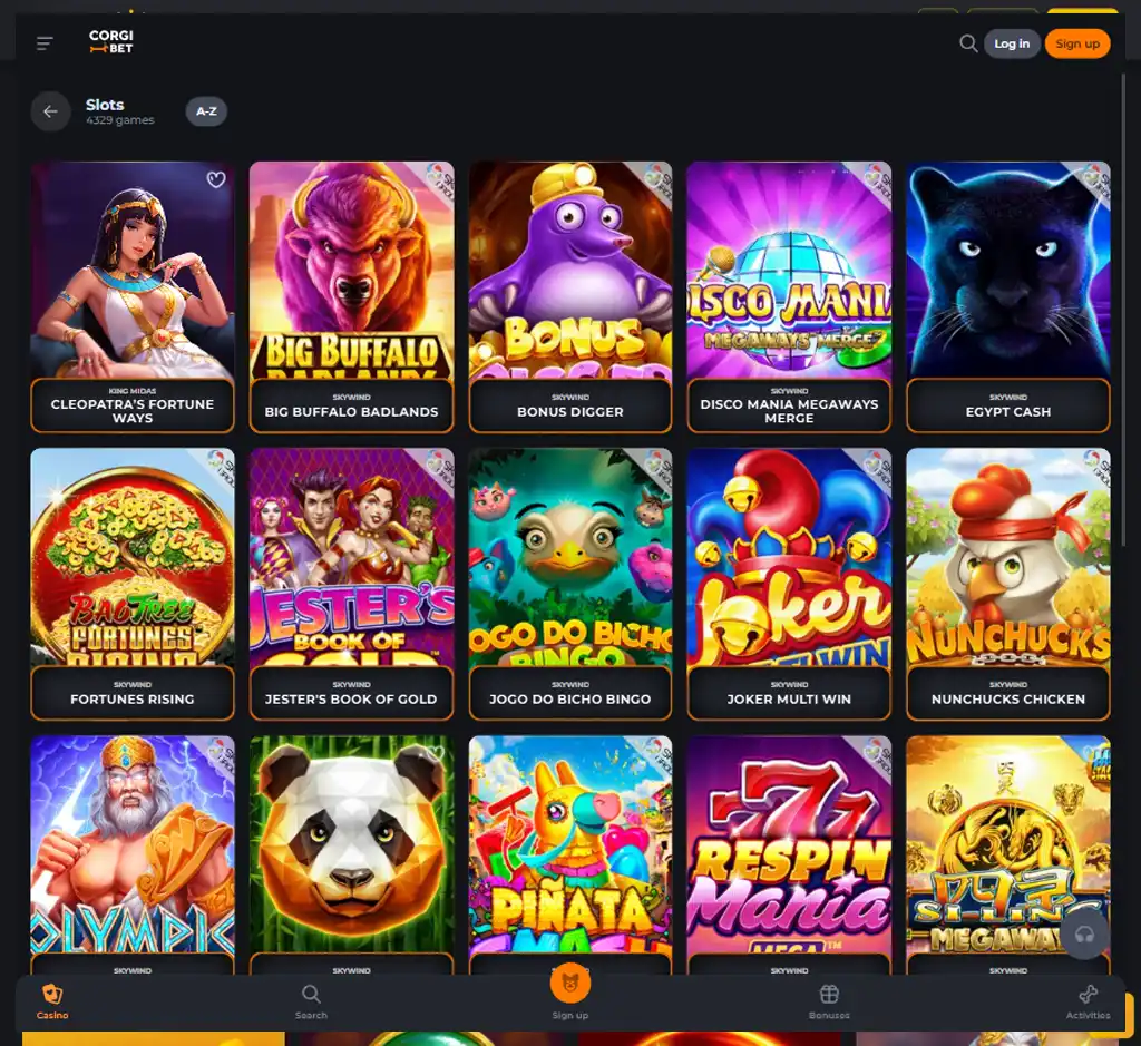 Corgi Bet Casino desktop slots lobby screenshot presenting variety of slot games with categories and providers - verified