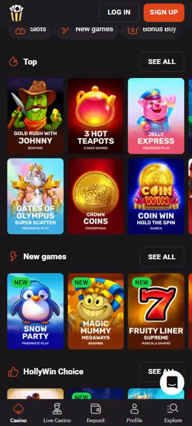 Hollywin Casino mobile homepage screenshot showing main lobby with featured games and promotions   captured during platform testing