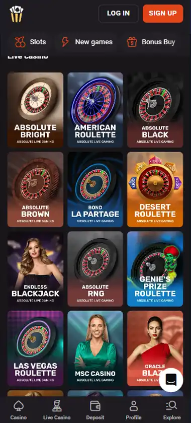 Hollywin Casino mobile live casino interface screenshot showing live dealer tables including blackjack and roulette   tested