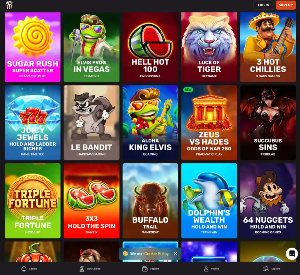 Hollywin Casino desktop slots lobby screenshot presenting variety of slot games with categories and providers   verified